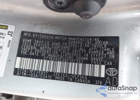 2009 Toyota Corolla S from USA, damaged, VIN 2T1BU40E49C107393